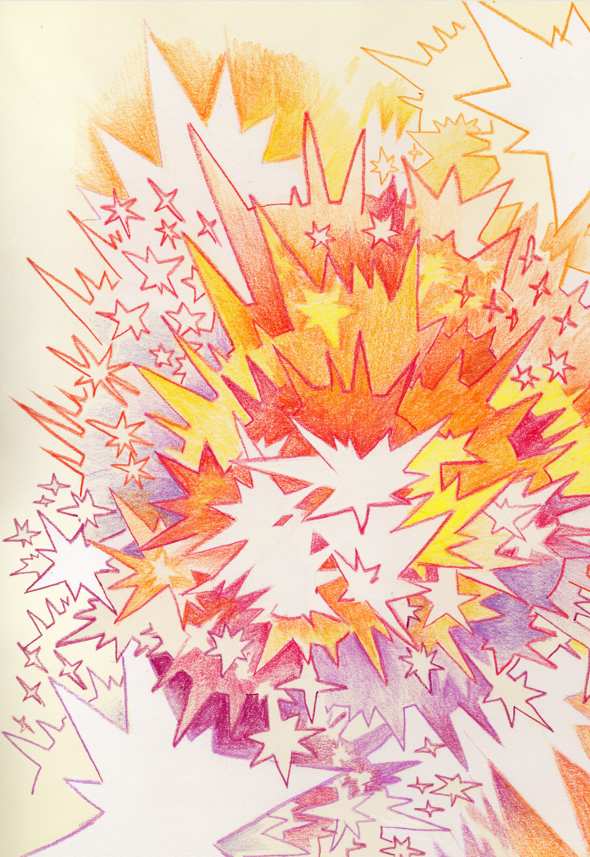 this is an abstract drawing of an explosion of stars in various shades of yellow, orange, and pink.