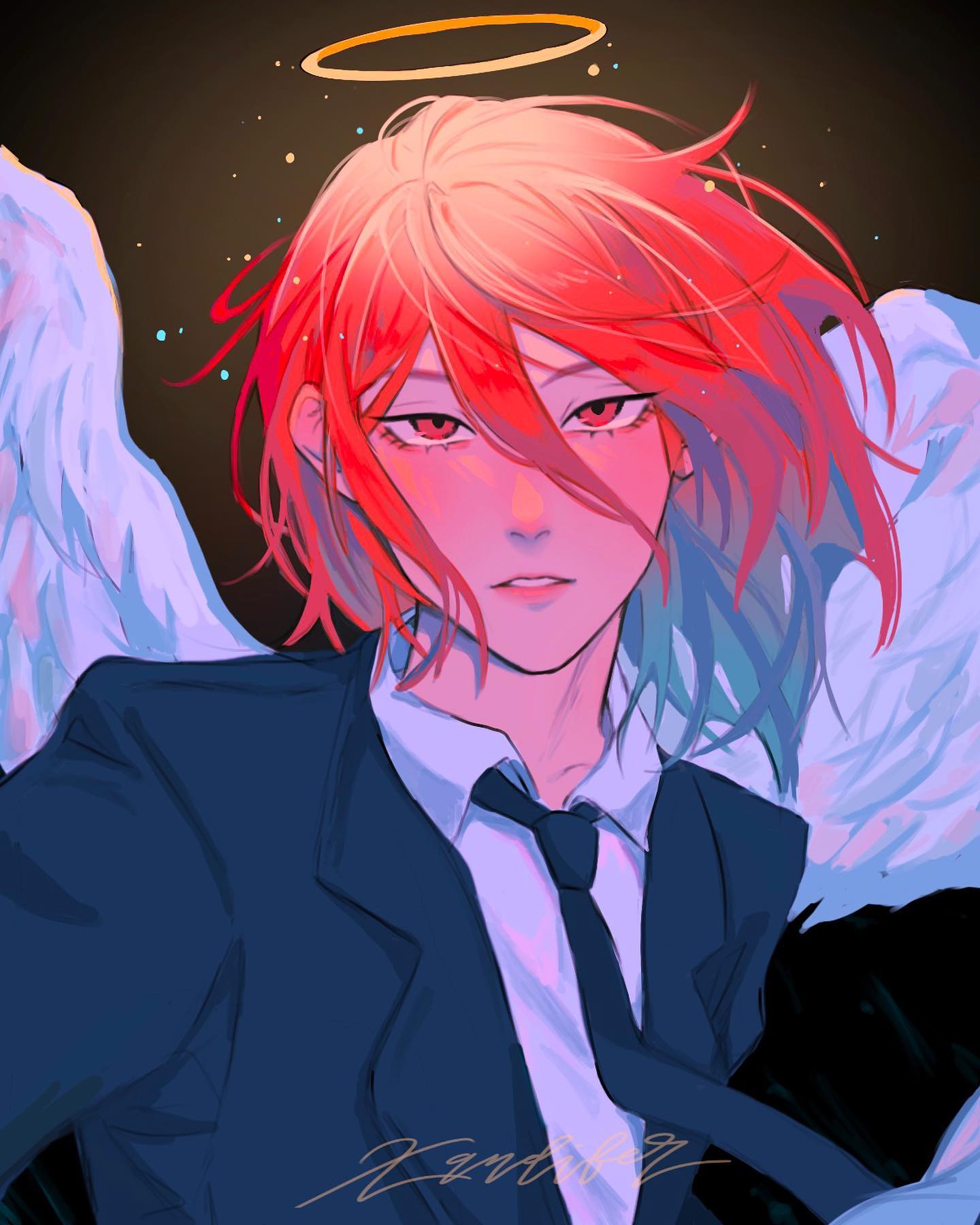 he image is a digital painting of an animestyle female character. she has long, vibrant red hair and is wearing a dark blue suit with a white shirt and black tie.  angel wings are partially visible behind her, and a halo rests atop her head. the style is expressive and painterly, with a focus on color and mood. the background is dark, drawing attention to the character. the overall aesthetic is a blend of professional attire and ethereal, angelic qualities, creating a somewhat paradoxical and captivating image.