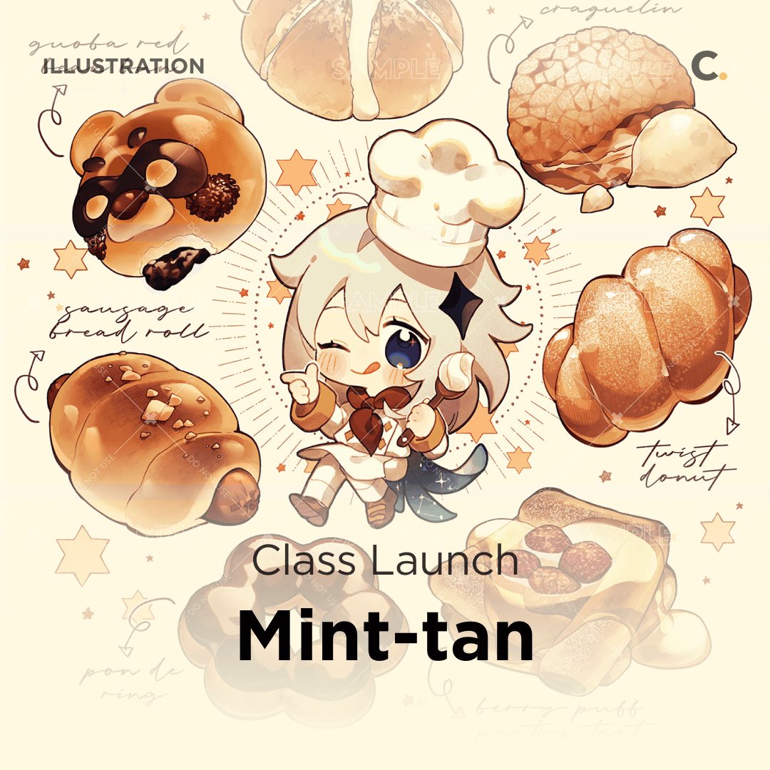 a colorful illustration of a chibistyled character in a chef's hat and outfit, surrounded by various kinds of pastry like sausage bread rolls, donuts, and croissants. in the bottom of the image, it says "class launch minttan". it is a promotional image for a genshin impact class.
