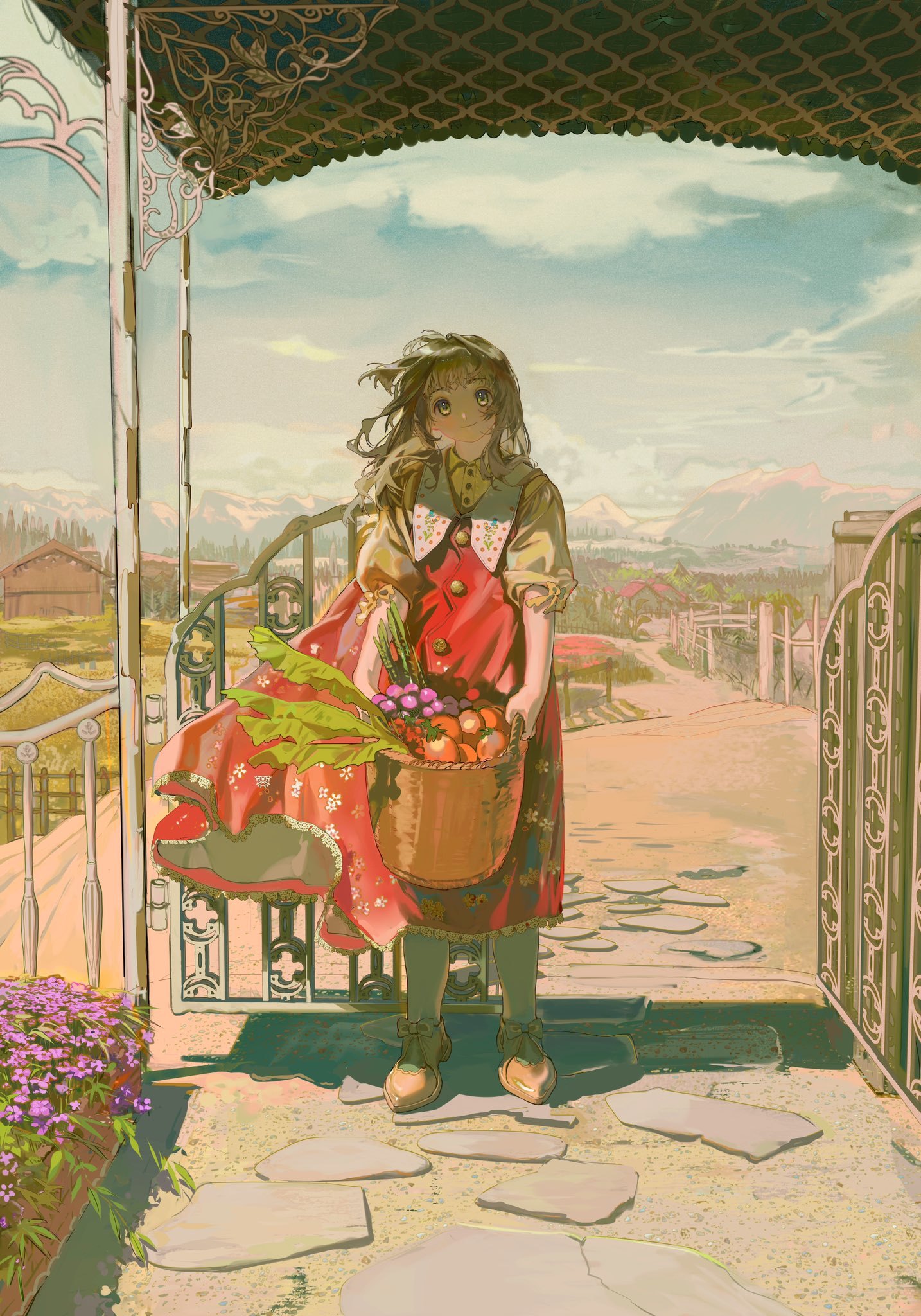 he illustration depicts a young animestyle girl standing at a gate leading to a quaint village. she is carrying a basket filled with freshly harvested vegetables and fruits. her red dress and the overall style create a whimsical and peaceful atmosphere. the background features a beautiful countryside landscape with rolling hills and mountains. the image conveys a sense of serenity and the charm of rural life.