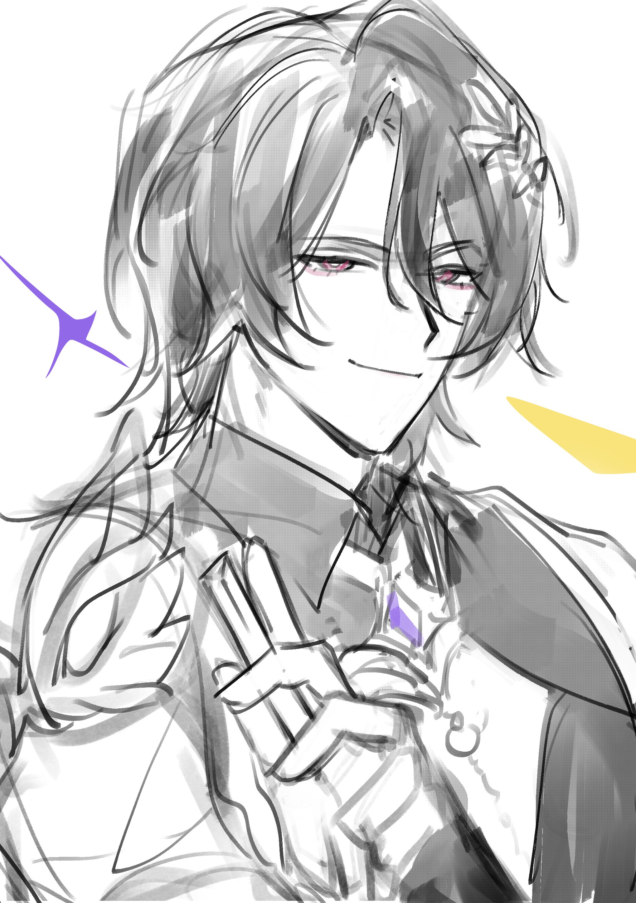 a sketch of an anime male character. he has long dark hair and is wearing a suit and tie. he's smiling and has one hand in front of his chest, palm forward. the sketch is done in black and white and shows the character against a white background.