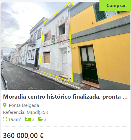this image shows a house for sale in ponta delgada, portugal. the house is a 3 bedroom, 3 bathroom home with 193 square meters of space. the facade of the house is a mix of yellow and white. the exterior of the house is in good condition and there is a street in front of it. the house appears to be a traditional portuguese style house. the price of the home is listed as 360,000 euros. the image is a real estate listing and has a "comprar" button which means "to buy" in portuguese.  there is a map marker with the location of the house.