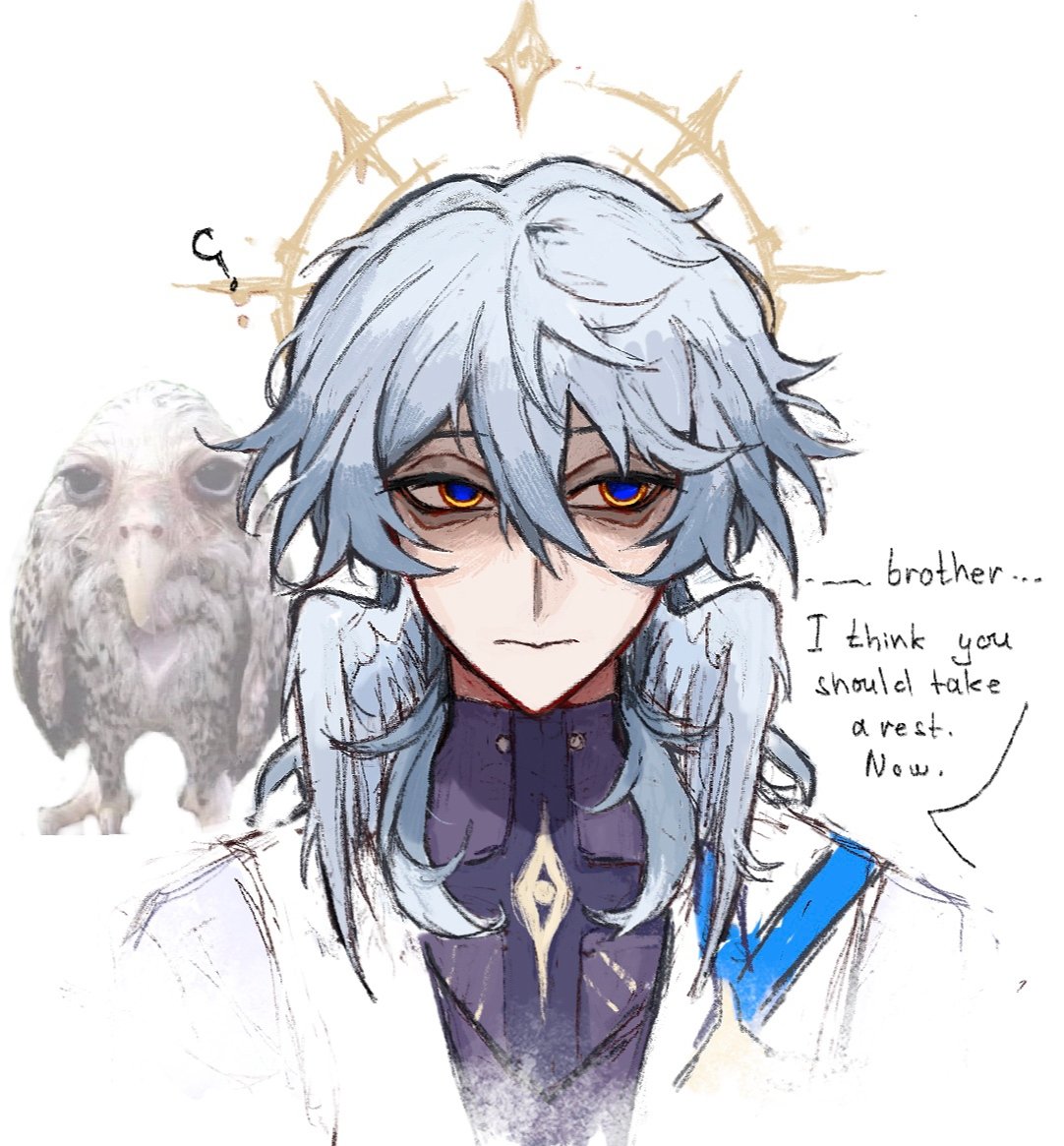 the image is a digital illustration of an animestyle male character with light blue hair and tired eyes. he has a halo above his head and wings at his sides. to his left is an owl. a speech bubble next to him reads, "...brother... i think you should take a rest. now."