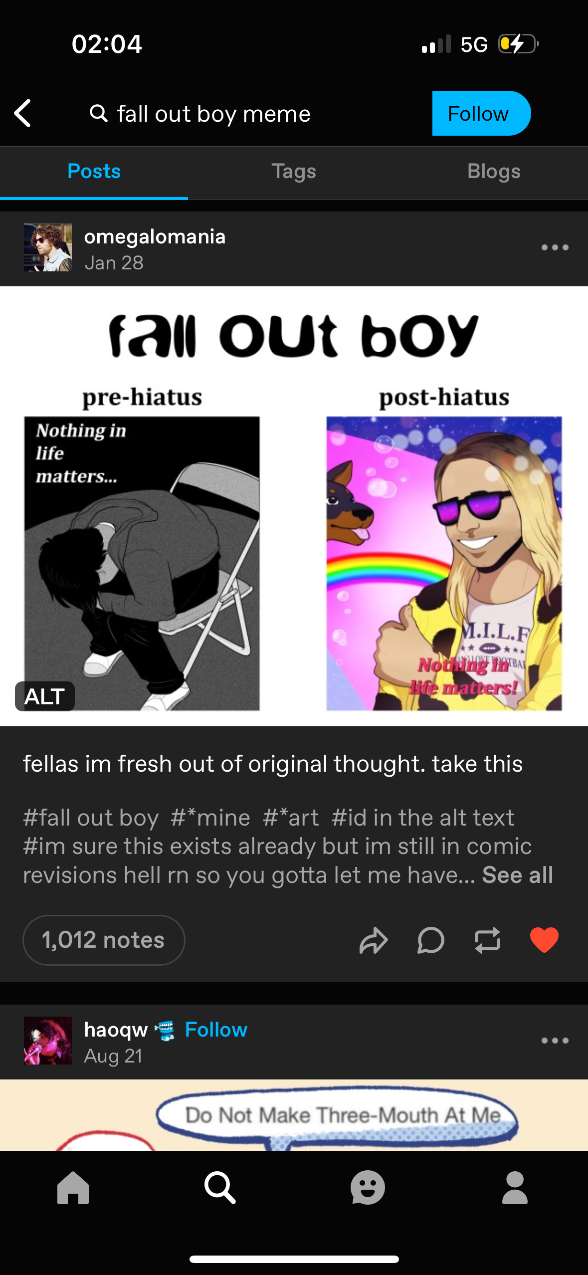 this is a social media post on an app like tumblr or instagram that features a fall out boy meme comparing the band's prehiatus and posthiatus music. the post describes the meme as "fresh out of original thought" and includes hashtags for "mine", "art", and "id" to describe the meme's content. the caption also mentions the image being "in comic revisions hell" which suggests it was a work in progress.