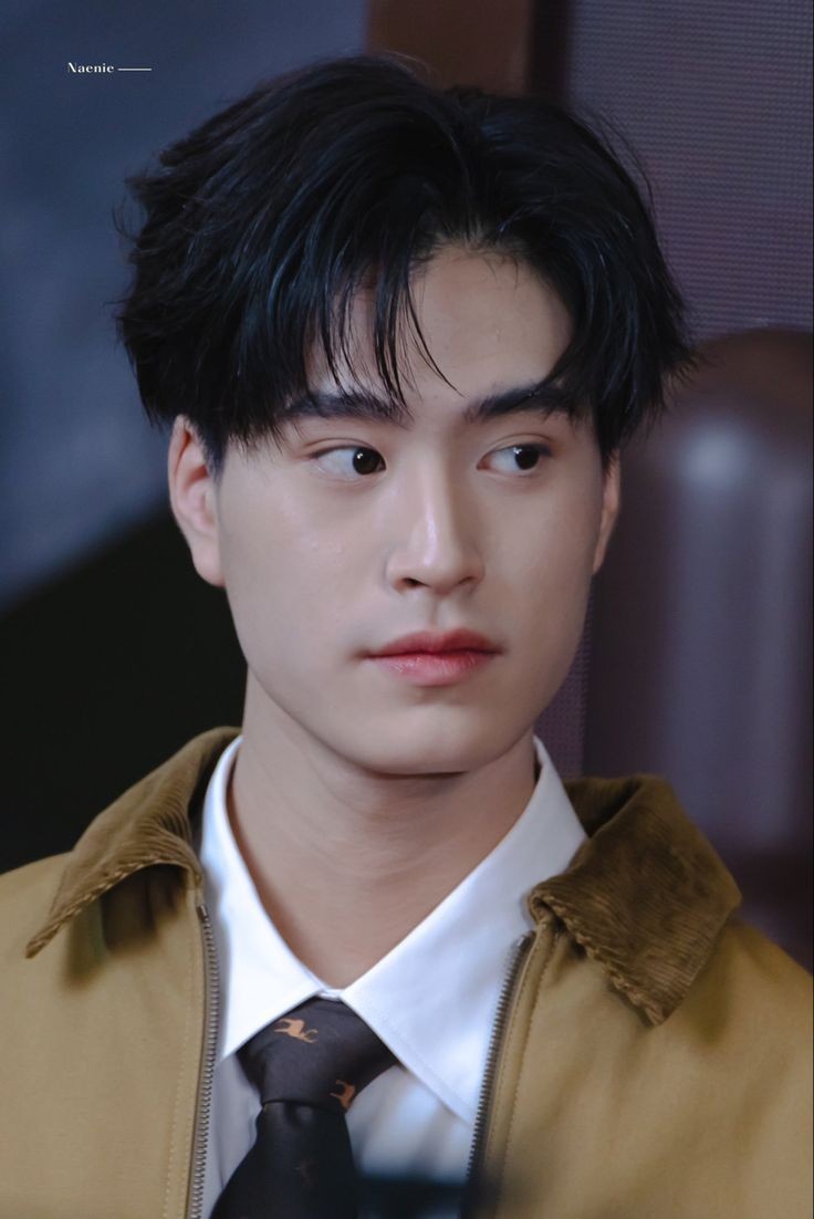 the image shows a head and shoulders view of a young asian man. he is wearing a stylish outfit consisting of a tan corduroy jacket, a white collared shirt, and a black tie with a gold animal print. the man has short black hair and is looking off to the side with a neutral expression. the background of the image is blurred, but appears to be an indoor office setting. the lighting in the image is soft and natural, creating a warm and inviting atmosphere.