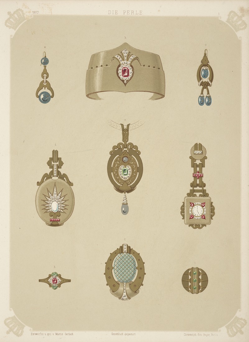 the image is an antique fashion illustration featuring a collection of jewelry designs, including a tiara, earrings, pendants, a ring, a watch, and brooches. the jewelry is adorned with pearls, diamonds, rubies, emeralds, and other gemstones. the designs are intricate and ornate, showcasing the craftsmanship of the era. the color palette is muted, with gold, silver, and pastel hues dominating. the illustration has a vintage aesthetic, reflecting the fashion trends of the past.