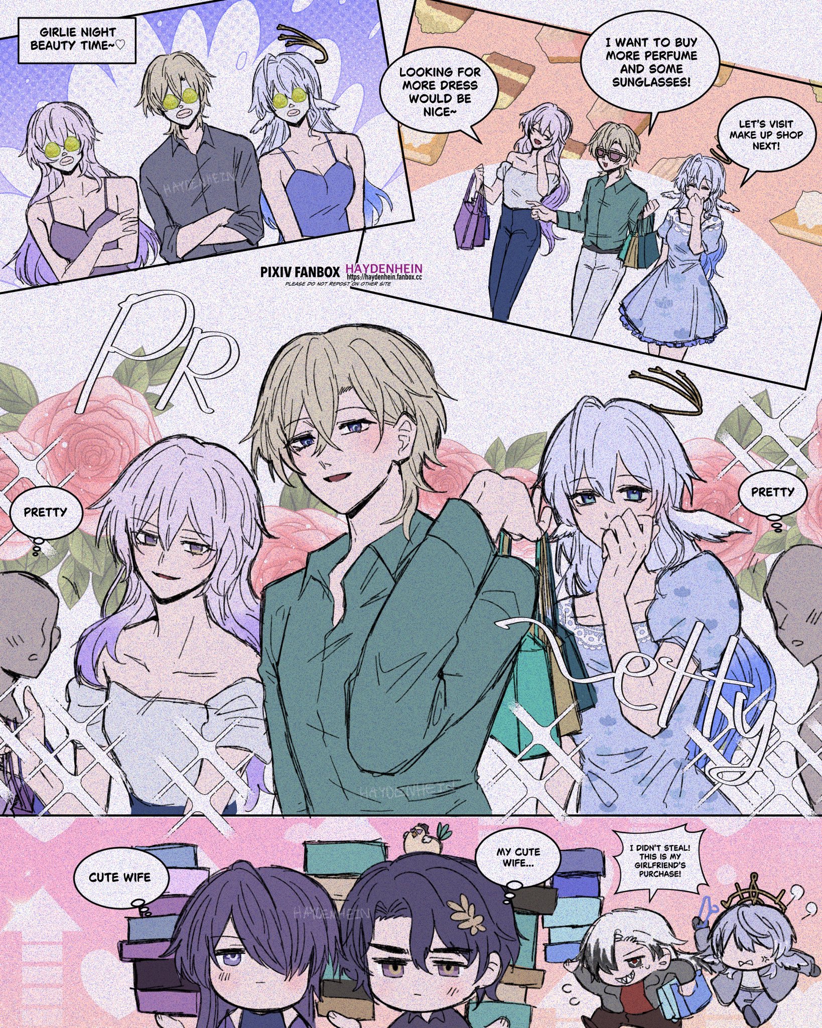the image is a comic strip featuring a group of anime characters, mostly women, engaged in a shopping spree. the characters are all dressed in fashionable attire and are seen carrying shopping bags. they are smiling and chatting, enjoying their outing. the scene is set in a colorful environment with flowers and hearts, suggesting a lighthearted and joyful atmosphere. the characters' attire and expressions convey a sense of excitement and indulgence.  the text bubbles throughout the strip highlight the theme of shopping and beauty, with characters expressing their desire for new dresses, sunglasses, and perfume.  the overall tone is playful and positive, emphasizing the fun and joy associated with a girls' shopping trip.