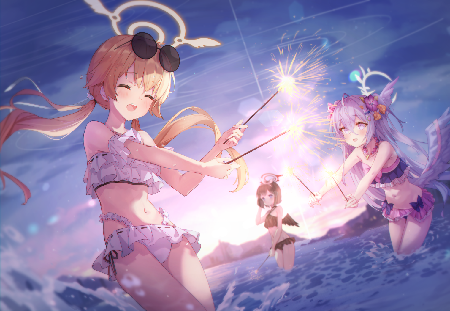 the image depicts three anime girls enjoying a summer evening at the beach. they are wearing swimsuits and playing with sparklers, creating a joyful and festive atmosphere. the scene is set during sunset, with soft pastel colors and a magical feel, enhanced by the presence of angel wings on two of the girls. the artwork is vibrant and detailed, with a focus on the girls' expressions and the sparkling lights.