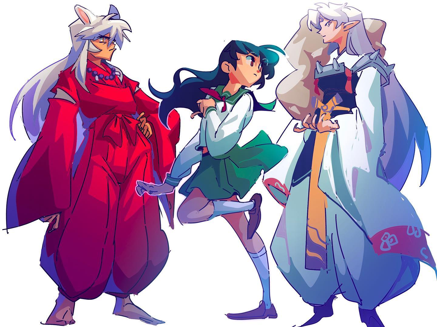 the image is a vibrant, stylized digital fanart depicting three main characters from the anime series inuyasha: inuyasha, kagome higurashi, and sesshomaru.  inuyasha is on the left, dressed in his signature red kimono; kagome stands in the middle, wearing her school uniform; and sesshomaru is on the right, clad in his elegant white robe.  the art style is dynamic, with a focus on bold colors and loose, expressive linework.  the characters are rendered in a slightly exaggerated, animeinfluenced style, and their poses suggest movement and a sense of interaction. the overall aesthetic is modern and playful, with a strong focus on visual impact.