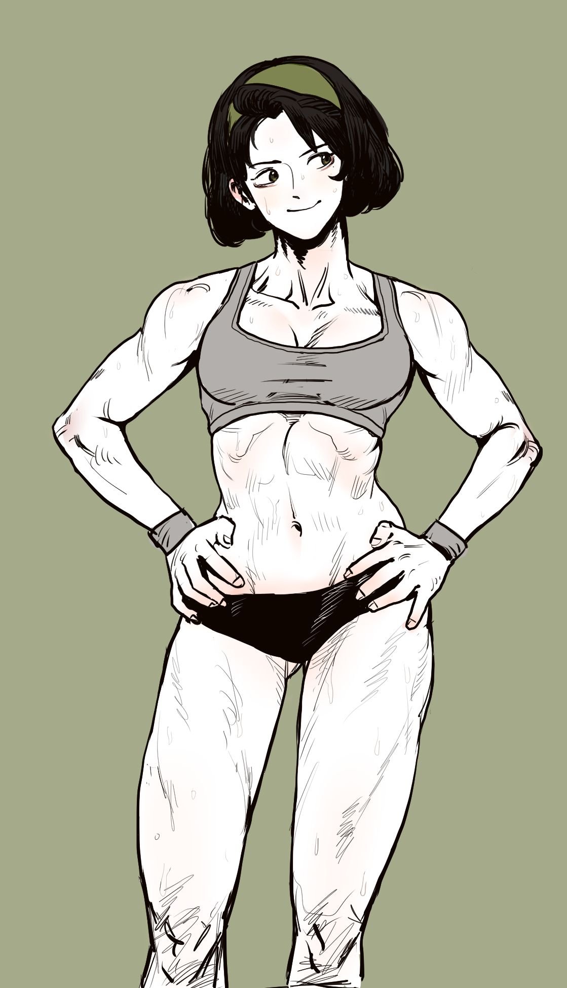 this is a digital illustration of a woman in a sports bra and shorts. she has muscular arms and legs.  her expression is confident and happy. the woman is in a standing pose. the background is a solid green color.  the artwork is drawn in a cartoon style, with sharp lines and bold colors.