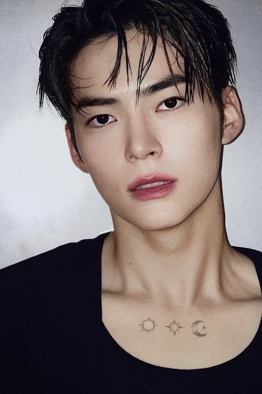 the image shows a closeup portrait of a young asian man with dark hair and brown eyes. he is wearing a plain black tshirt. he has a tattoo of a sun, star, and moon on his chest. he has a neutral expression on his face and his hair is slightly wet. the background is plain and lightcolored. the lighting is soft and diffused. the image is taken from a straighton perspective, at eye level with the subject.