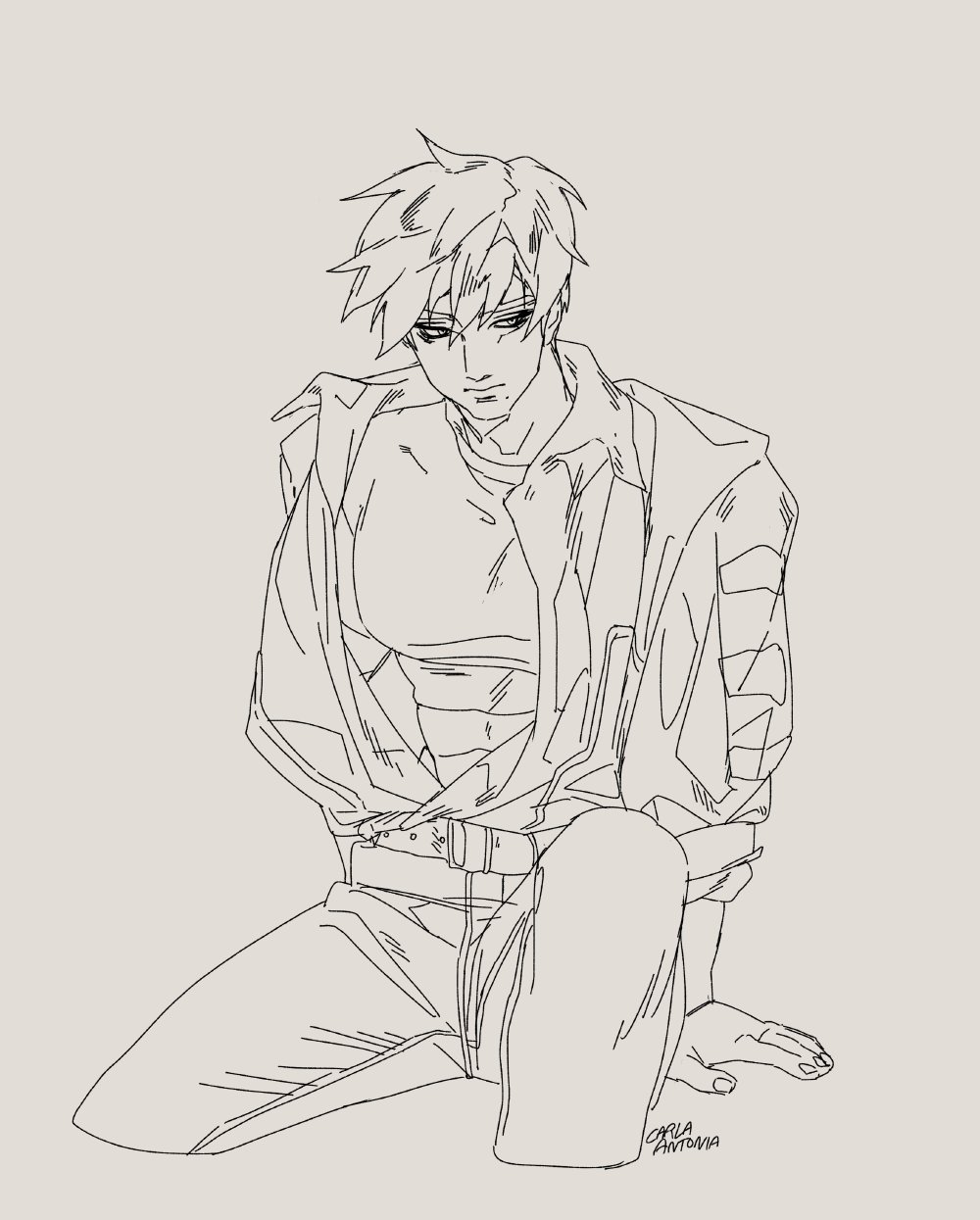 a line drawing of a young male anime character sitting with their legs crossed. he is wearing a jacket, pants, and a belt. his hair is short and styled, and his eyes are closed. he has a relaxed expression on his face. the drawing is done in black and white, and it is a sketch with detailed line work. the drawing is done on a light gray background.