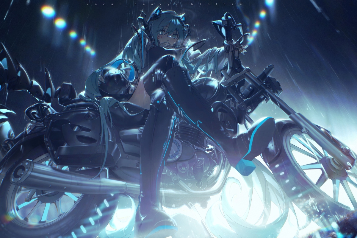 a futuristic animestyle illustration depicting hatsune miku, a virtual idol, sitting on a hightech motorcycle in the rain. she has long blue hair, and is wearing a futuristic, armored outfit with neon blue accents. the motorcycle is sleek and detailed, with a cyberpunk aesthetic. the background features blurred lights and a rainy atmosphere, enhancing the futuristic and slightly dystopian feel. the overall style suggests a cyberpunk or science fiction theme with a vibrant anime art style.