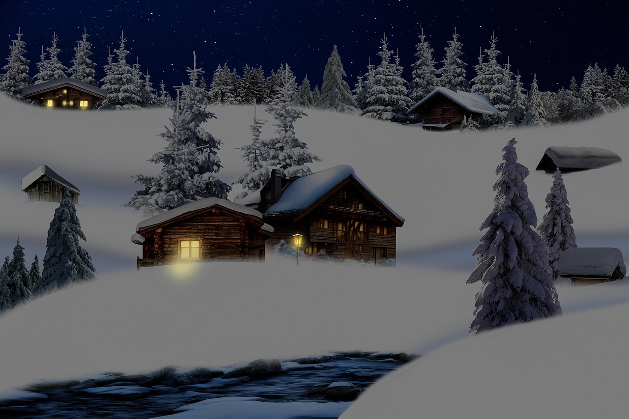 the image depicts a serene winter landscape at night, with several log cabins nestled among snowcovered pine trees. a stream flows in the foreground. the sky is dark and dotted with stars. some of the cabins have lit windows, and there's a lamp post providing light near one of the cabins. the scene conveys a sense of peacefulness and isolation in a rural, alpine setting.