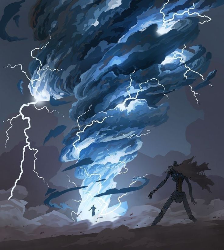 a digital illustration depicts a dramatic storm scene with a large, swirling tornado dominating the sky, illuminated by streaks of bright white lightning. the sky is filled with dark, ominous clouds. in the foreground, there is a tall, spindly robotlike figure standing on a barren landscape, seemingly observing the storm. further in the distance, a smaller, silhouetted figure stands within the base of the tornado, near the ground. the artwork has a fantasy and atmospheric quality.