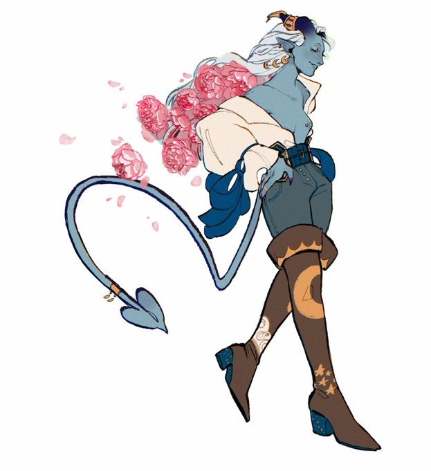 the image is a digital painting or illustration of a stylized fantasy character, possibly a tiefling or similar demon. the character has blue skin, long white/grey hair adorned with pink peonies, and a prehensile tail. they are wearing pirateinspired clothing: a lightcolored jacket over a dark top and pants, a belt, and striking brown thighhigh boots decorated with moons and stars. the character has horns and crescent moon earrings. pink peonies appear to be falling or floating from their hair. the overall style is elegant and whimsical with a clear use of line art and color. the background is plain white, focusing the attention solely on the character.