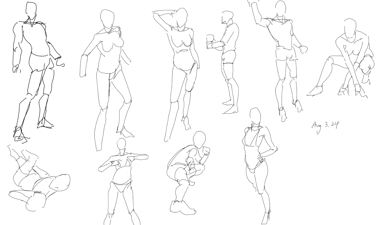 a page of gesture drawings showing various poses, drawn in black on white. there are 10 figures, both male and female, in various positions such as standing, dancing, and sitting. the drawings are quick and loose, capturing the overall movement and flow of the body.