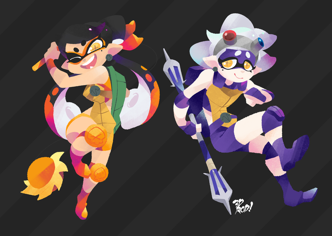 an illustration of callie and marie from the splatoon video game series. they are both wearing their iconic outfits and wielding weapons, posed for a fight.  the image is drawn in a colorful and stylized digital art style.