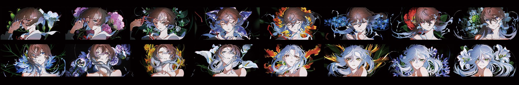 the image features a grid of 20 variations of the same woman's portrait. each variation is adorned with different colored flowers and flowing hair, creating a dreamlike and ethereal effect. the color palette is predominantly cooltoned, with shades of blue, purple, and green dominating the image. the dark background further emphasizes the woman's features and the vibrant colors of the flowers.