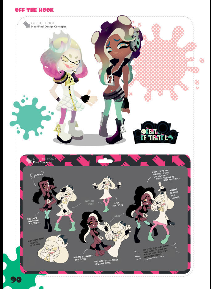 this image showcases the "nearfinal design concepts" for the characters pearl and marina from the video game splatoon 2. it includes fullbody illustrations of the characters, along with a series of smaller sketches exploring different poses and expressions. the characters are set against a vibrant background with splattered paint effects, hinting at the game's playful and colorful aesthetic.