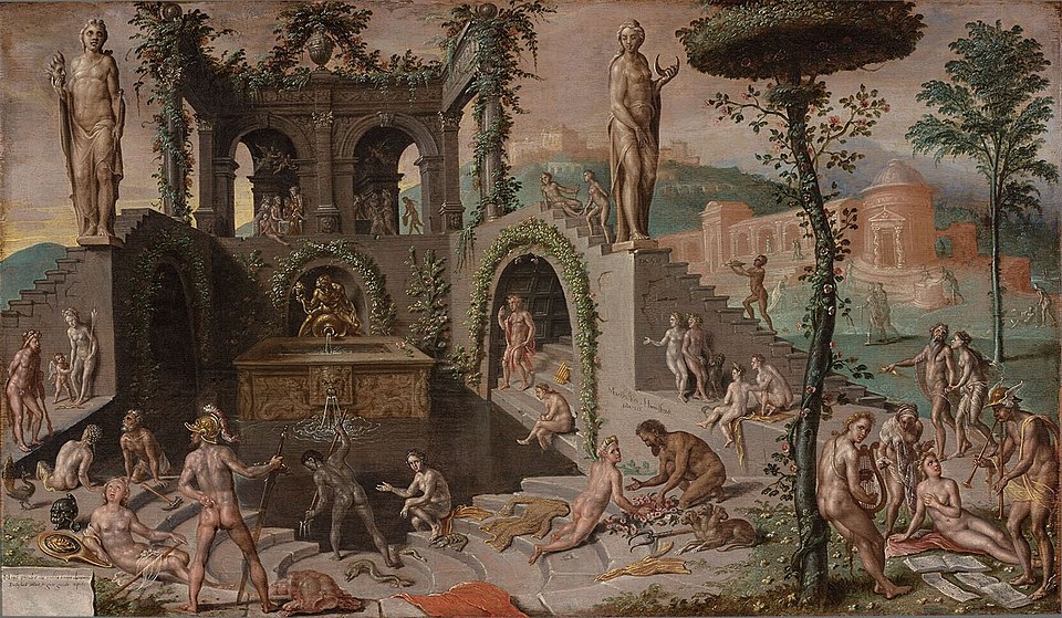 the painting depicts a classical landscape scene with numerous nude figures engaging in various activities amidst architectural ruins and gardens. statues stand atop buildings and staircases, with lush greenery covering the structures. a fountain sits centrally, and figures are scattered throughout the scene, some interacting with each other, others in solitude. a grand building is visible in the background of the landscape.