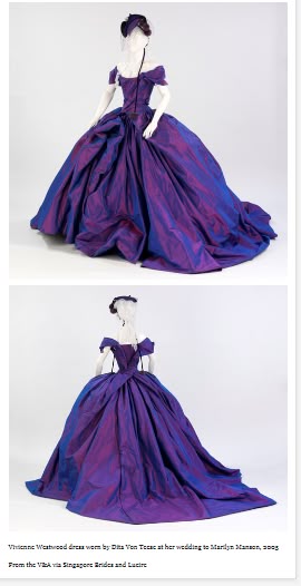 the image shows two views of a vivienne westwood wedding dress worn by dita von teese at her wedding to marilyn manson in 2005. the dress is a large ball gown with an offtheshoulder neckline. it's made of a purple and blue iridescent taffeta fabric. the dress is displayed on a mannequin and also features a hat with a small veil. the text below the image provides information about the dress and its source.