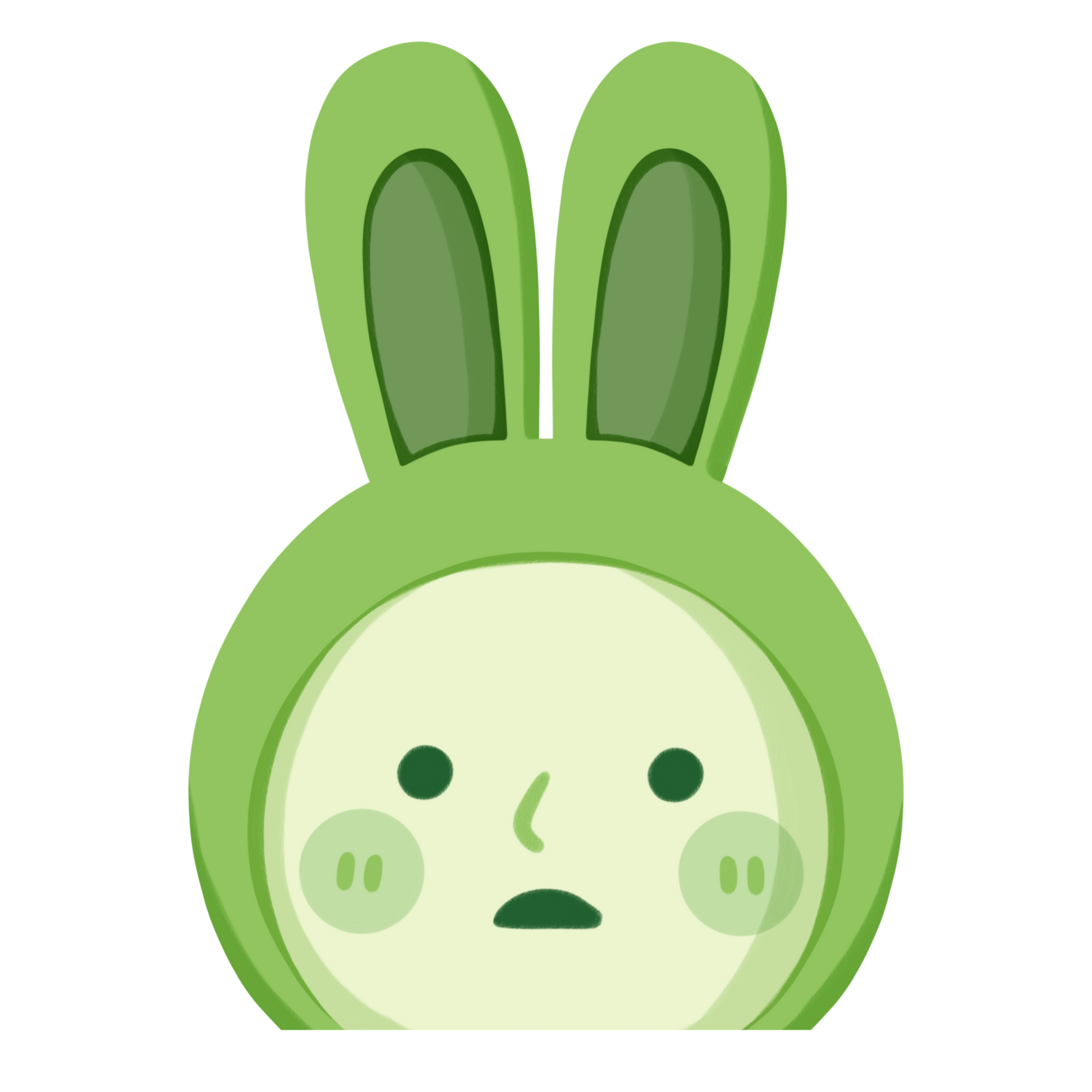 the image shows a cartoon illustration of a light green character wearing a rabbit costume. the costume has large, upright ears.  the character's face is round and pale, with simple features – two small eyes, a tiny nose, and a slightly downturned mouth, giving it a worried or mildly sad expression.  the overall style is cute and minimalistic. the background is transparent black.
