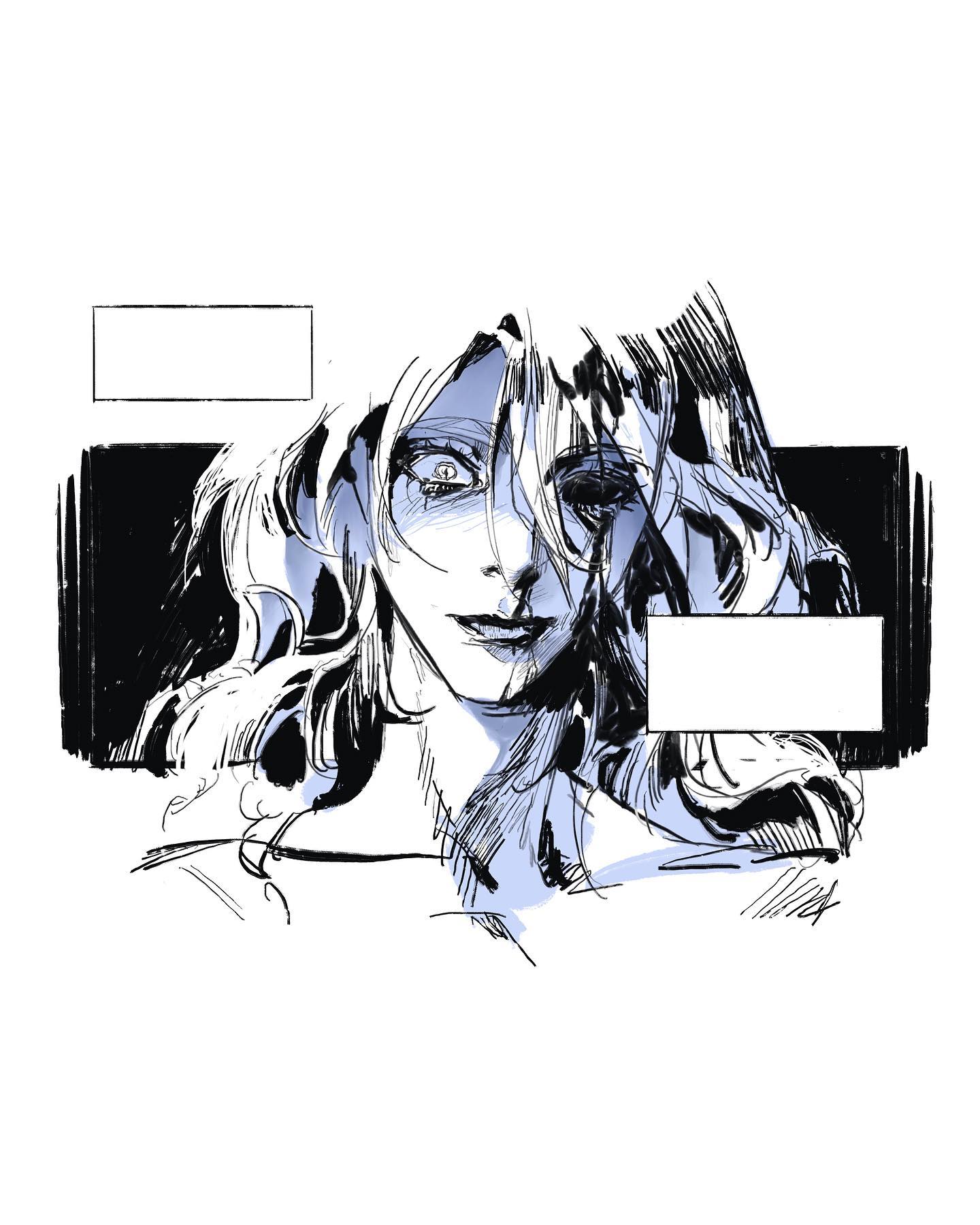 this is a black and white sketch of a woman with long hair. there are two empty speech bubbles, implying that this is a page from a comic. her expression is neutral, but there is a hint of sadness in her eyes.  there is a blue shadow on the left side of her face.