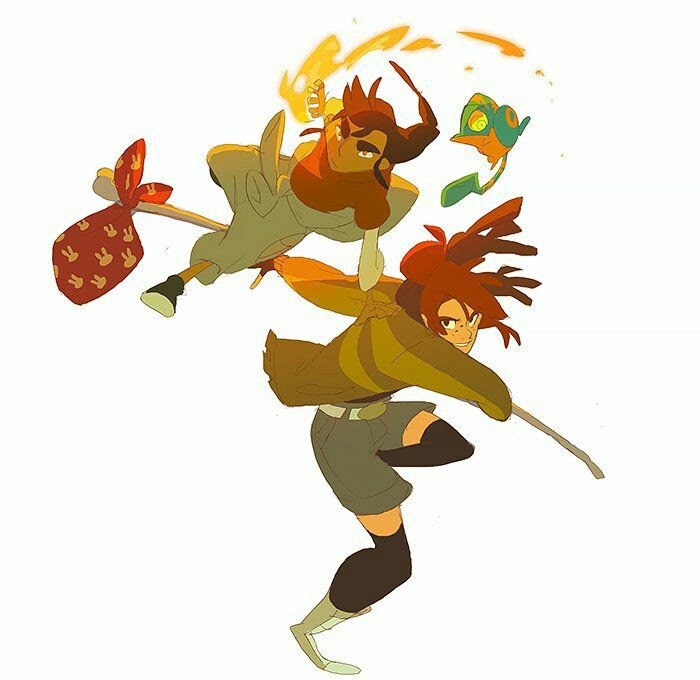 the illustration is a colorful cartoon of two girls fighting. one is in a light green shirt and has fire coming out of her hand. she is holding a red and white bag with rabbit paw prints. the second girl is in a yellow jacket and holding a sword. they both appear to be using their hands in a martial arts style. behind the girl with fire is a green cartoon character with a bright orange eye.
