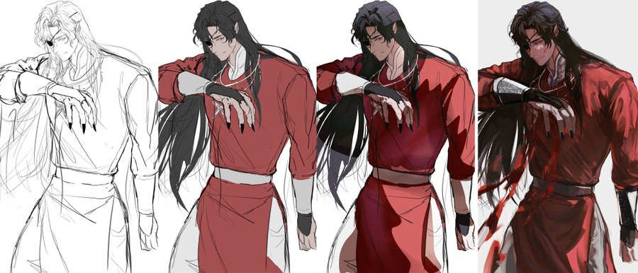 the image shows a digital illustration of an anime male character in different stages of being drawn. the character has long black hair and is wearing red clothes. he is drawn in a cool, stylish manner. the drawing progresses from a simple line sketch to a fully colored and shaded illustration.