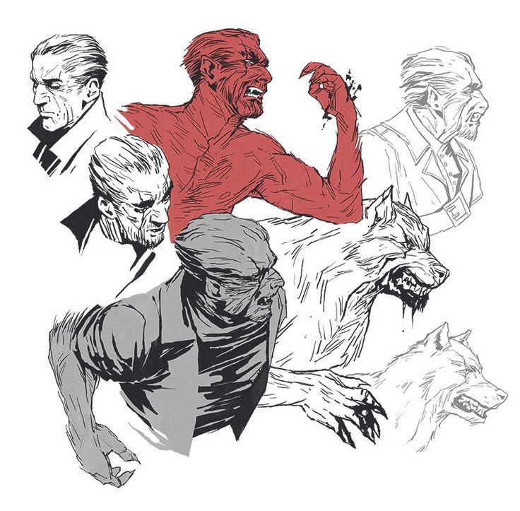 a black and white line art drawing of multiple werewolves, one in a mid transformation, one standing with its arms crossed, another in full wolf form, and a man. the werewolves have sharp teeth and claws. the werewolves are surrounded by a human man. the man is wearing a jacket, scarf, and hat.