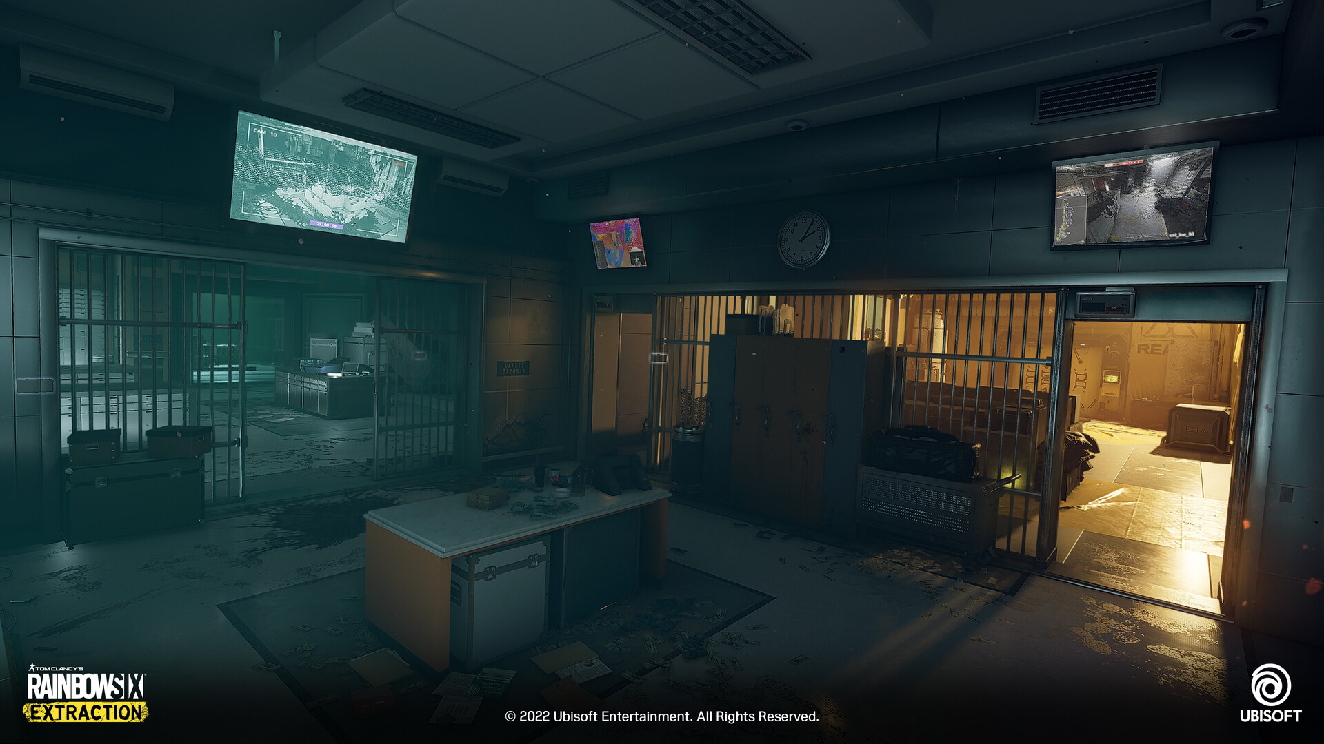 a dark, dirty, and abandoned prison room. the walls are lined with steel grates, and there are a few security cameras mounted on the walls. there is a small monitor mounted on the wall to the left.  a desk is in the foreground with a small fridge on the bottom shelf. in the background to the right is an open door with a yellowlit room beyond.  a few metal shelves and a few pieces of debris litter the floor. the room has an overall sense of decay and neglect.