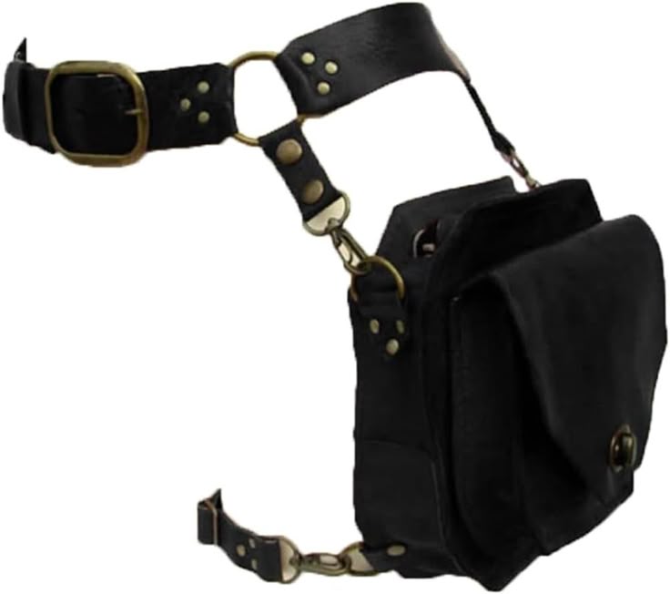a black leather steampunkstyle belt bag is displayed in a studio shot. the bag features a buckle, rivets, and rings.
