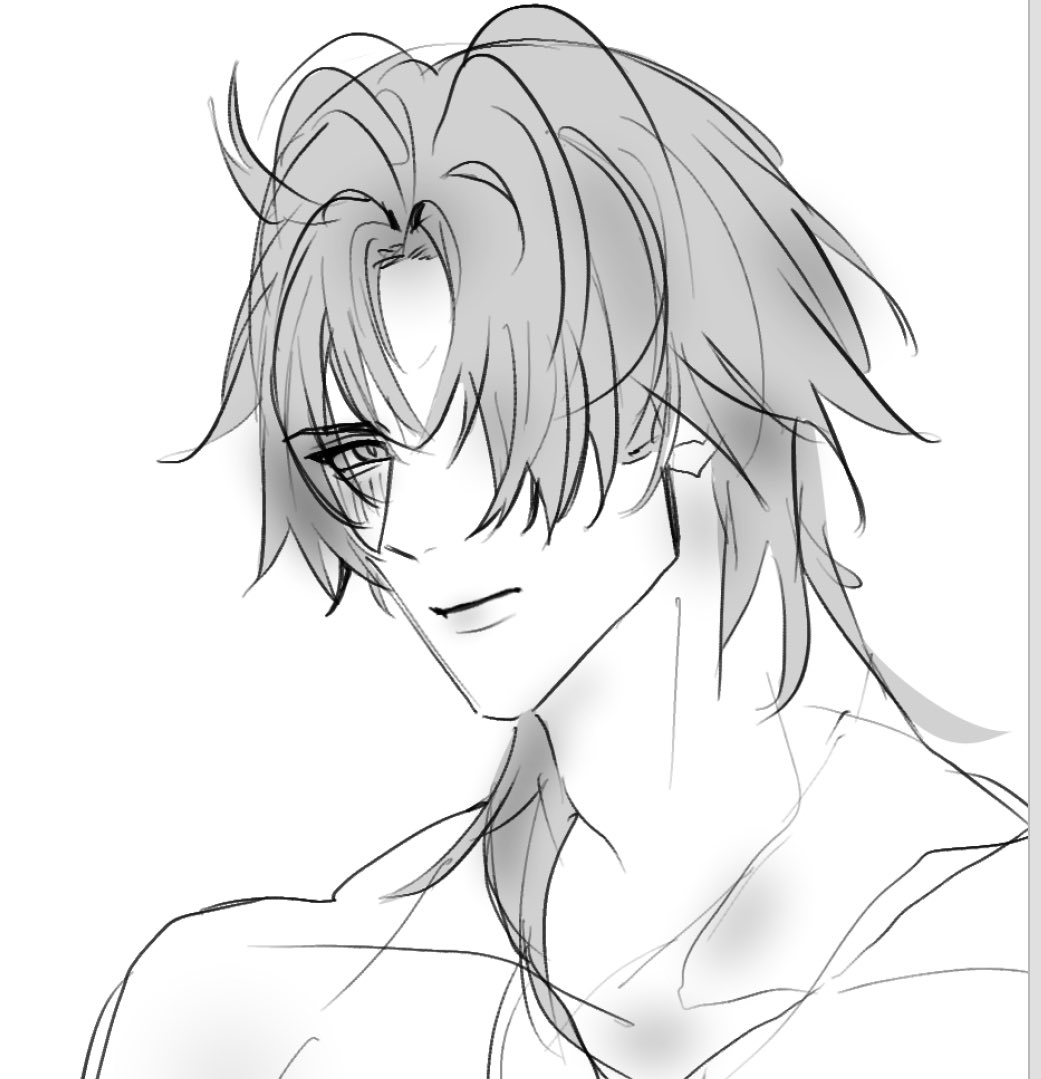 a line drawing of a young man with long, flowing hair, looking to the side. he appears to be in his early 20s. his face is not smiling but has a slight expression of curiosity. the drawing is done in black and white, with only a few lines to create the image.