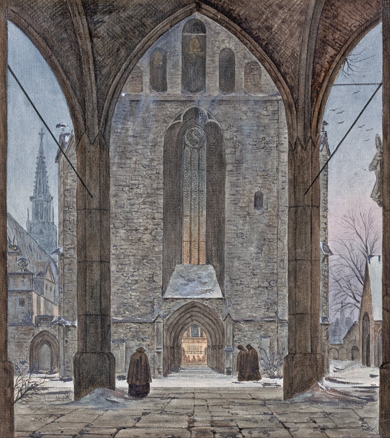 a painting by caspar david friedrich depicting the ruins of a gothic cloister in winter. two monks in brown robes stand in the foreground on a snowy courtyard, silhouetted against a central stone facade with a tall arched window and arched entrance, leading to a lit corridor. the scene is framed by large stone arches and columns. additional buildings and a church spire are visible through the left archway, while bare trees and another small structure are seen through the right archway. the color palette is predominantly gray and white, giving the painting a somber and contemplative mood.