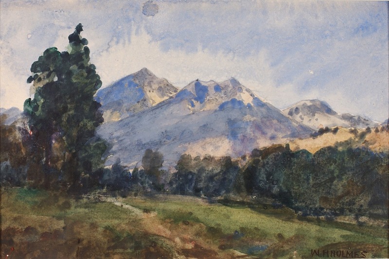 a watercolor painting by w.h. holmes depicts a scenic landscape with mountains in the background and trees in the foreground under a cloudy sky.