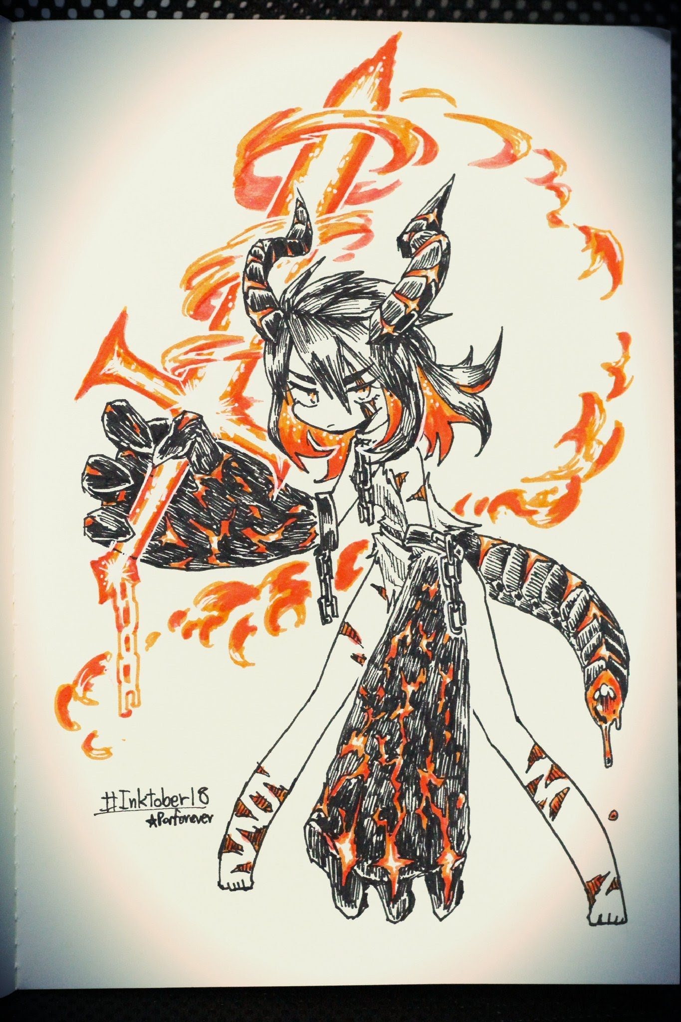 this is a drawing of a character who appears to be a demon with horns and a chain attached to their hand and wrist. they are surrounded by fire, and the background is mostly white with orange and red hues.