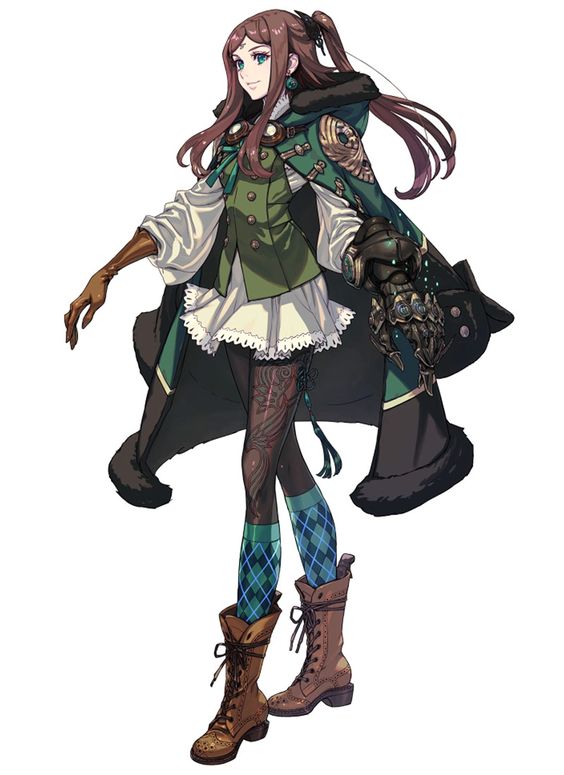 a fullbody illustration of a young woman with long brown hair tied in a ponytail. she wears a green and white outfit with gold accents, including a cape, a short skirt, and lacedup brown boots. she has a mechanical gauntlet on her left hand and is posed with her right hand outstretched.