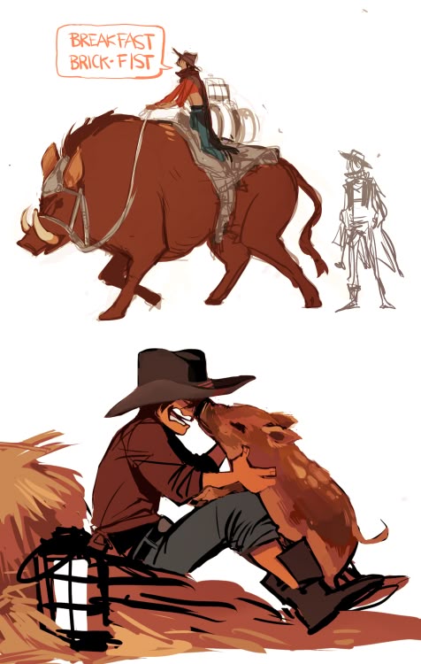 an illustration depicts a cowboy character, with two separate scenes. in the upper scene, the cowboy is riding a large hog, with the words "breakfast brickfist" in a speech bubble. next to the hog, there is a sketch of a cowboy. in the lower scene, the cowboy is sitting and being nuzzled by a small hog.