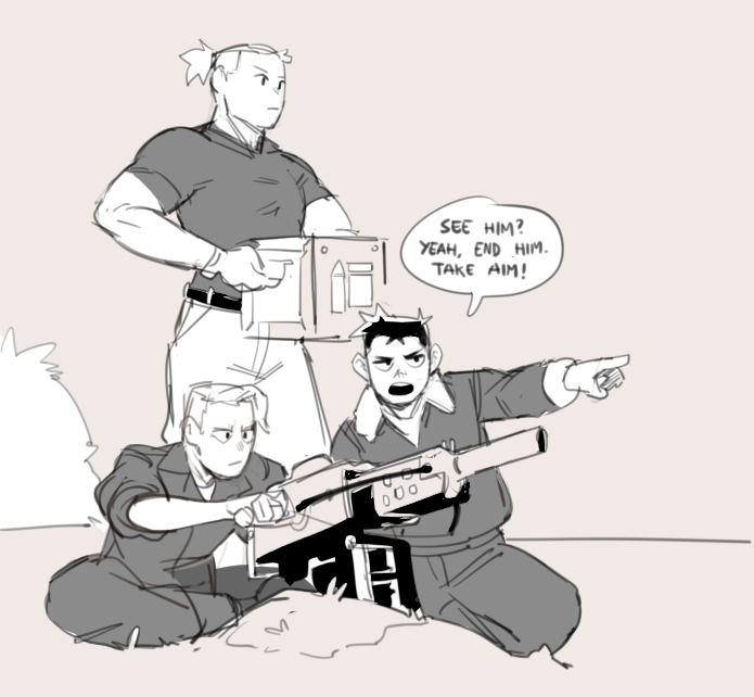 a handdrawn black and white illustration of three characters preparing to use a gun. they are standing in a field with grass and a bush. the character in the middle appears to be giving the instruction to take aim. the character on the left is holding a box with a gun. the character on the right is aiming the gun.