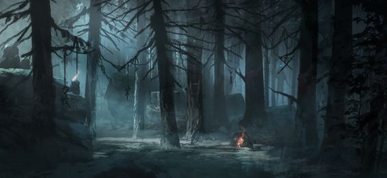 the image shows a dark and mysterious forest at night. tall trees with gnarled branches dominate the scene, their silhouettes barely visible against the dark sky. a faint mist hangs in the air, adding to the eerie atmosphere. in the center, a small fire burns brightly, casting warm light on the surrounding trees and ground. the fire is the only source of light in the image, creating a strong contrast between the warm light and the cool shadows. the overall mood of the image is one of mystery and suspense.