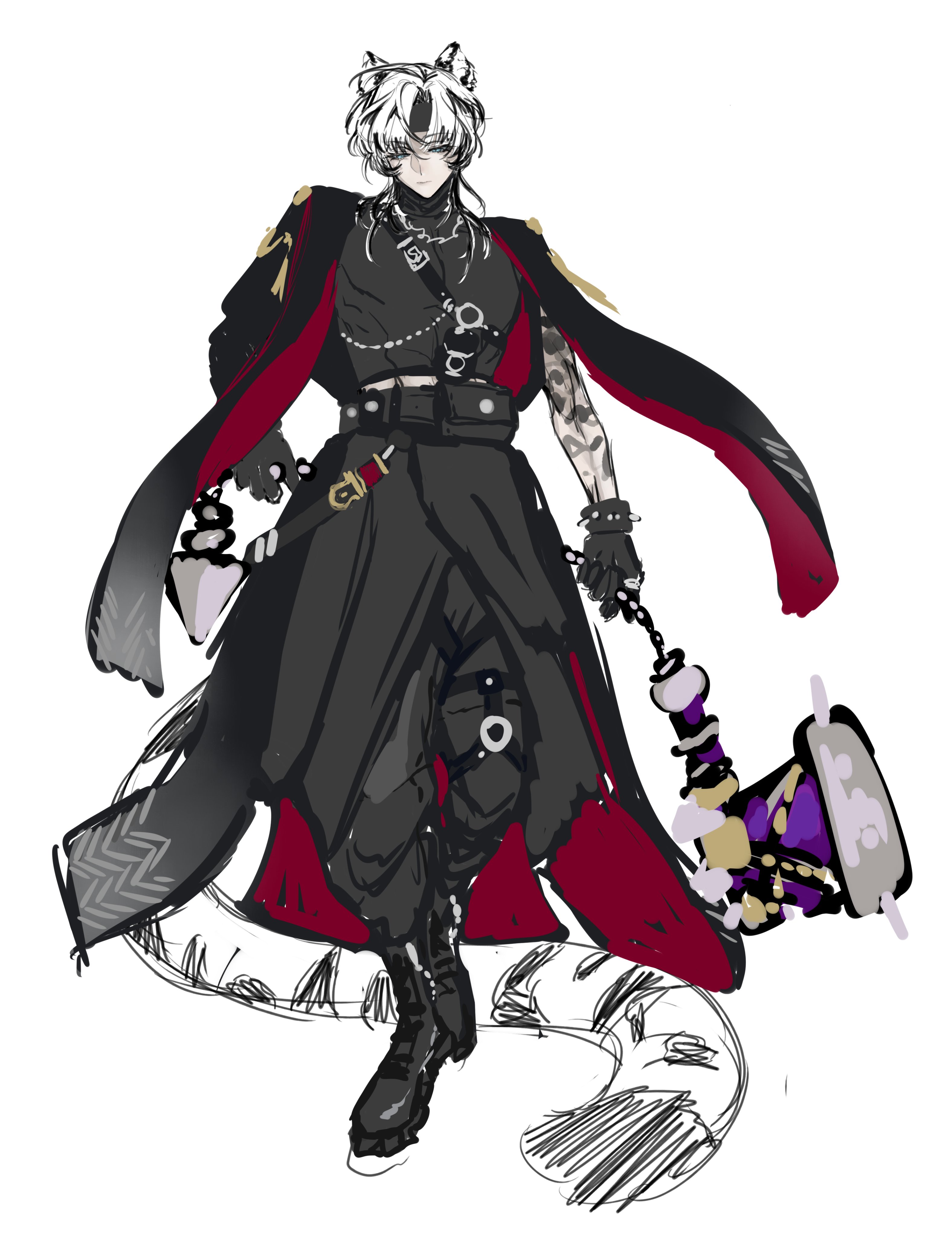 the image is a digital drawing of an anime/mangastyle male character. he has white hair styled upward, cat ears, and wears a long, dark coat with a red lining. his outfit is a mix of gothic and steampunk elements, including a black top,  a belt with accessories,  and heavy boots. he carries a large, ornate malletlike weapon connected to his hand by a chain.  the character's expression is serious. the art style is a combination of clean lines and loose, sketchy shading. the background is white. the tail is partially sketched.