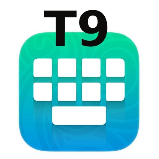 the image shows an app icon for "t9", designed with a blue and green gradient background and a stylized keyboard layout.