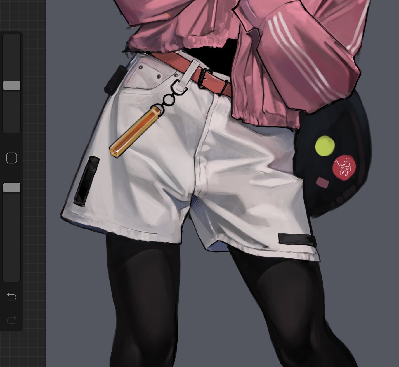 the image is a detailed closeup digital illustration of a stylized anime or manga character's lower body.  the character is wearing white, loosefitting shorts with black accents, a pink jacket with white stripes, black tights, and a red belt with a unique orange keychain.  a black bag with circular yellow and red patches hangs from the hip. the art style is smooth, with a focus on rendering fabric texture and light. the background is a simple, muted gray. the overall aesthetic is fashionable and modern streetwear. the image appears to be a portion of a larger artwork.