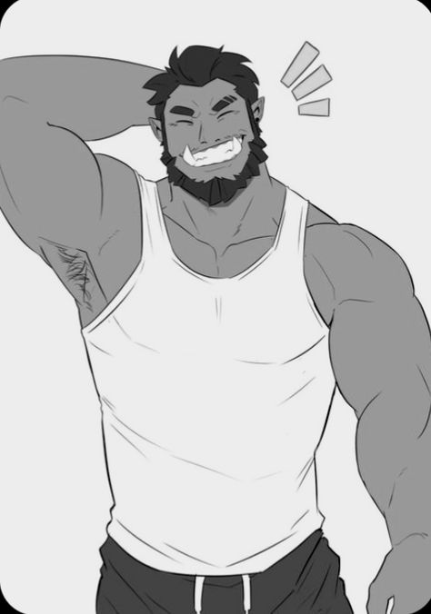 a muscular, smiling, darkskinned orc man in a white tank top. he has one hand behind his head and is looking at the viewer.