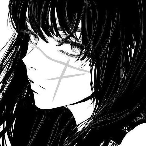 the image is a closeup, stylized black and white drawing of an animestyle girl.  she has long, dark hair with bangs that partially cover her eyes. her expression is serious and slightly melancholic.  a prominent crossshaped mark or scar is visible on her face. the art style is highly detailed and uses strong contrasts between light and dark to create a dramatic effect. the overall mood is dark and mysterious.