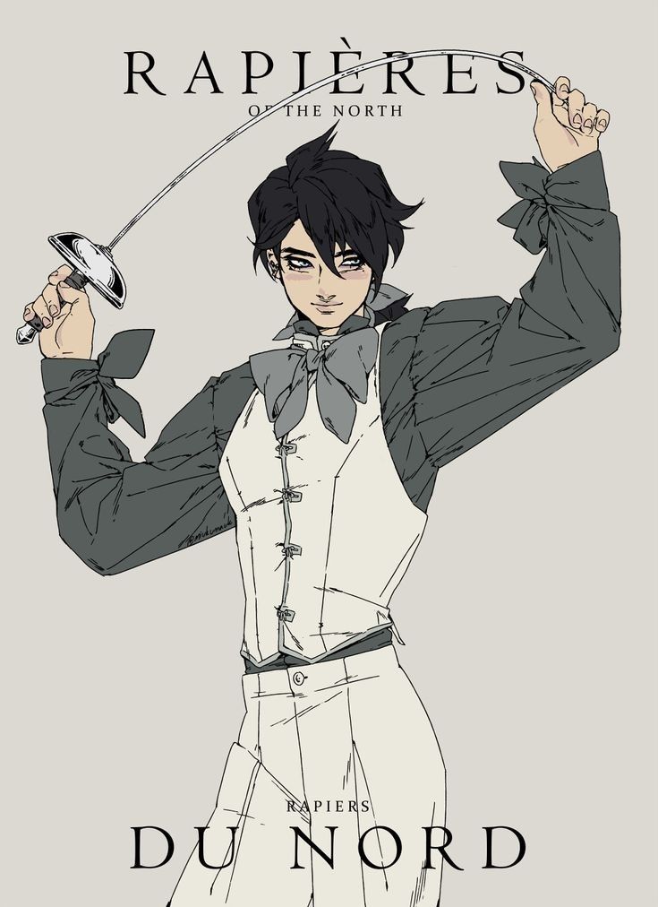 the illustration depicts a man in a white vest, black pants, a bow tie, and a grey jacket. he is holding a rapier, a type of fencing sword, with his right hand, his left hand is near his chest. he is looking at something in the distance with a fierce and determined expression. the background is a light grey color, and there are a few words at the top and bottom of the image, "rapier of the north" and "du nord," respectively. the overall style of the image is very elegant and stylish.