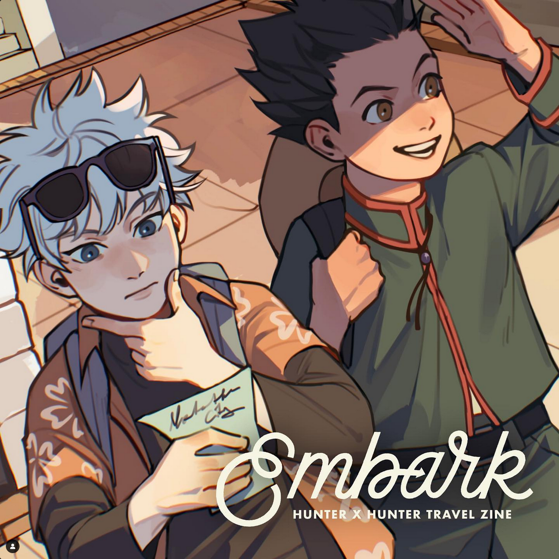 a digital illustration of killua zoldyck and gon freecss on a train, likely from the anime hunter x hunter. killua, with white hair and sunglasses, holds a travel zine titled "embark: hunter x hunter travel zine" while gon, with spiky black hair, excitedly looks ahead. the scene is brightly lit, suggesting a sunny day, and the characters' expressions convey a sense of adventure and anticipation.  the warm color palette and low camera angle further emphasize the optimistic mood.