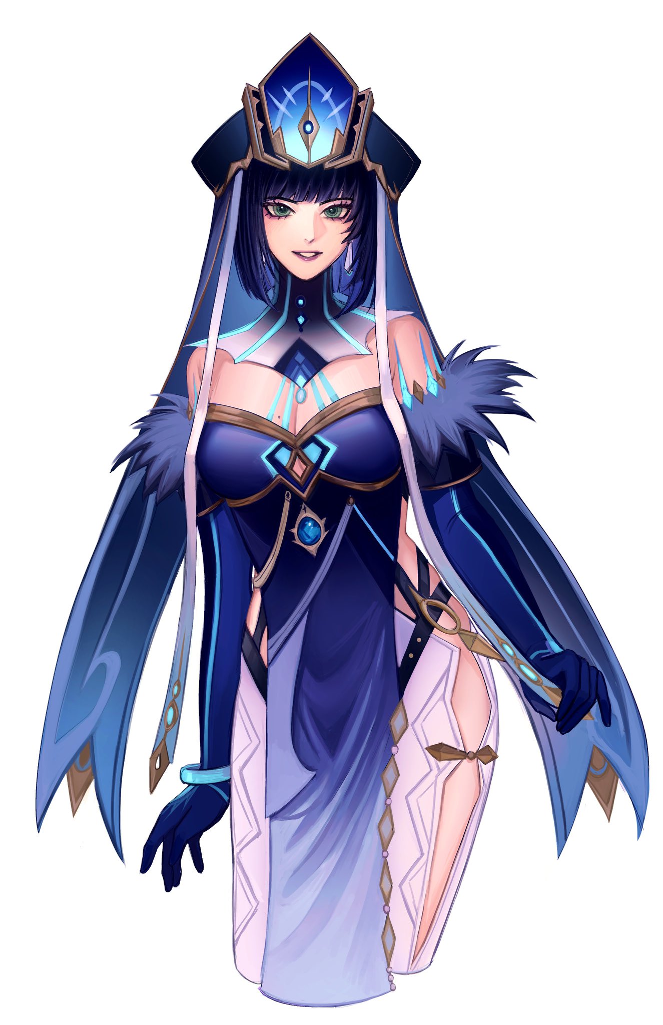 this is a digital illustration of a woman with long blue hair, wearing a blue, purple, and white dress with a headwear. she is holding a sword, and her design is very intricate and detailed, which gives off a magical and mysterious feel.
