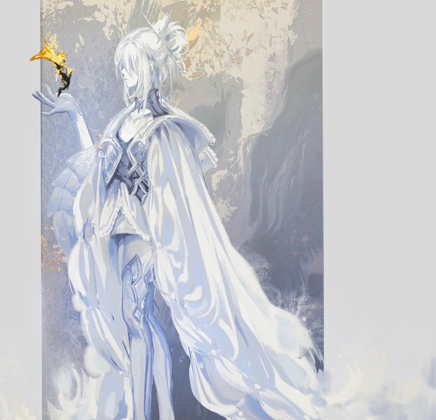 a beautiful anime girl with long white hair wears a long white dress in front of a blue and white painted background. the girl's face is delicate with large, expressive eyes. the girl's dress flows gracefully around her, creating a sense of movement.